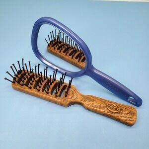 Vintage Goody Vented Hair Brush & Hand Mirror Travel Purse Plastic Faux Wood USA
